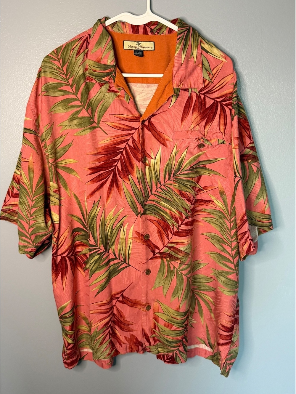 Tommy Bahama XL Silk Hawaiian Shirt Pink Green Palm Leaf Print